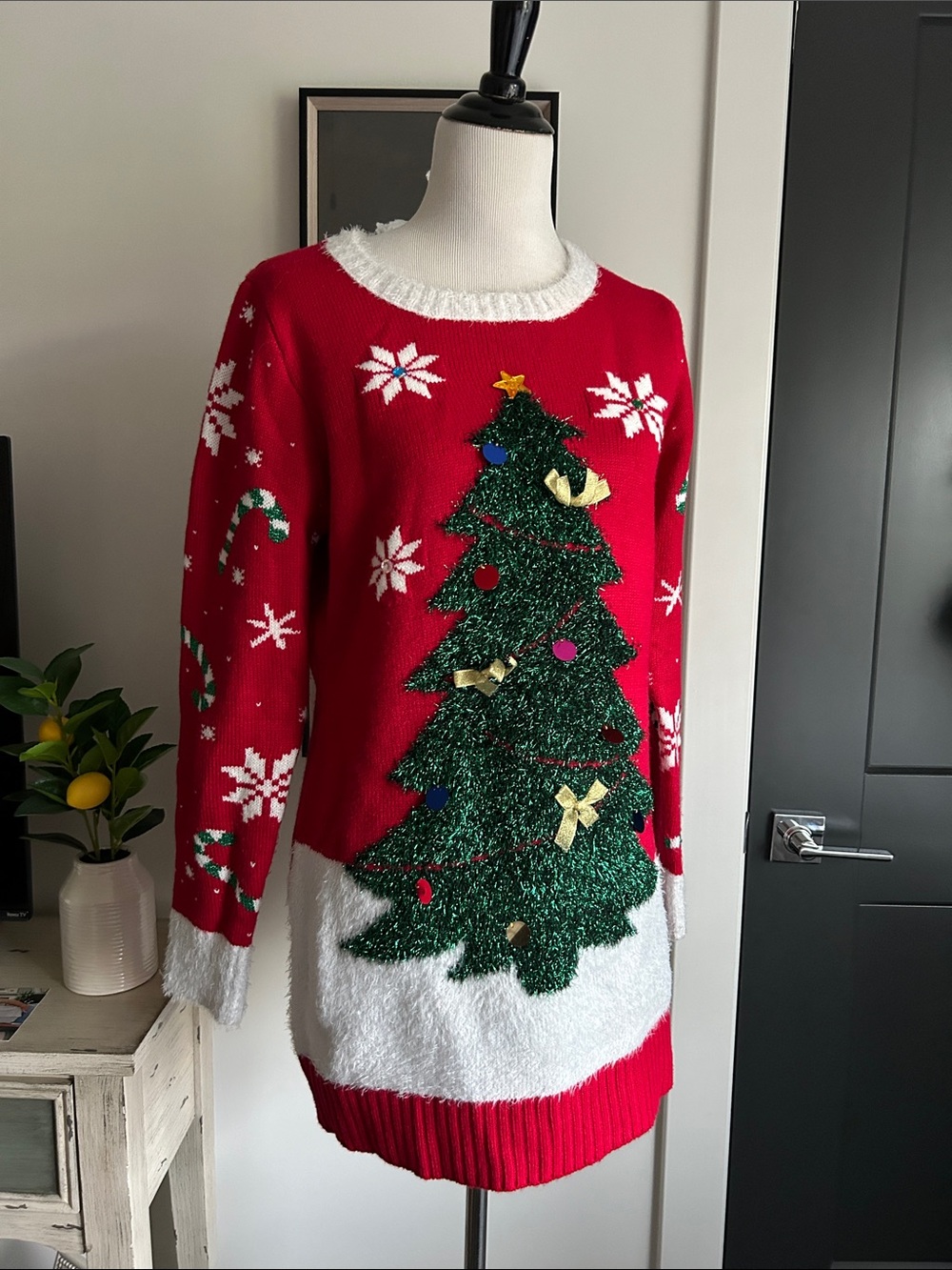 🎄Red M Christmas Tree snowflake candy cane bling Holiday tunic length Sweater
